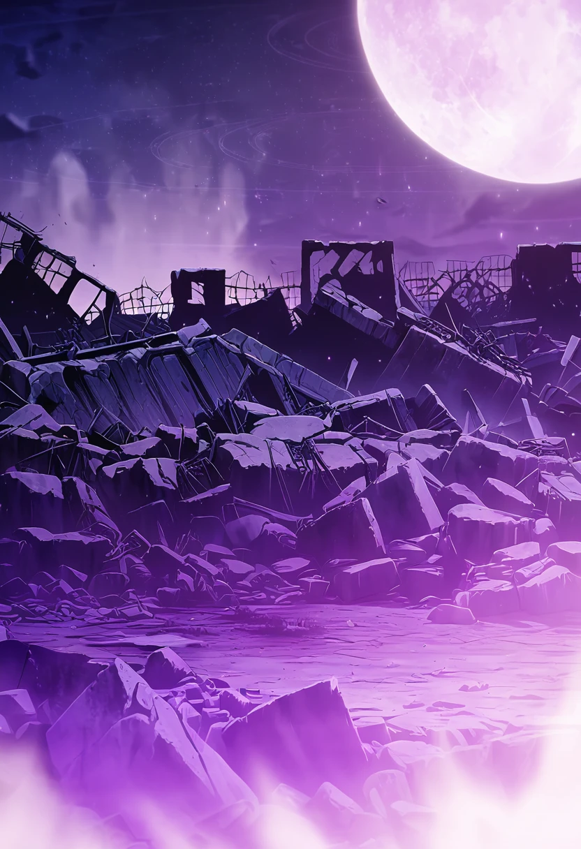 depicts the ruins of damaged buildings with a night atmosphere and a moon emitting purple light, and anime style graphics