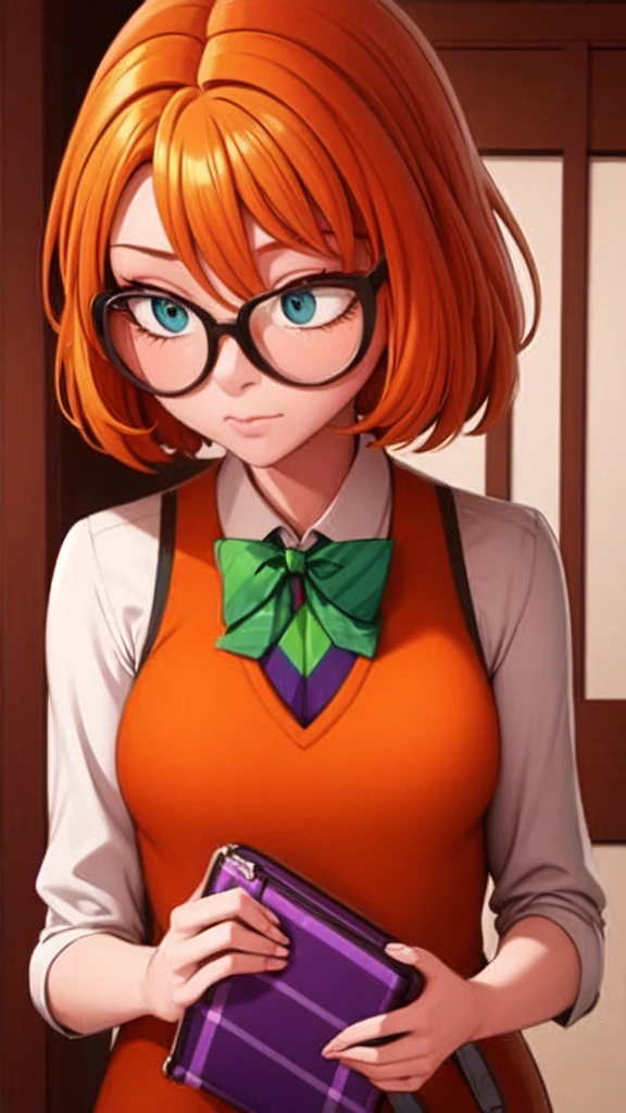 (masterpiece, best quality:1.2), 1girl, solo orange hair, thick-rimmed dark purple glasses. ,a white long-sleeved dress shirt underneath a dark and lime green, and cadet blue diamond checkered sweater vest, along with a black bow attached to her dress shirt collar.