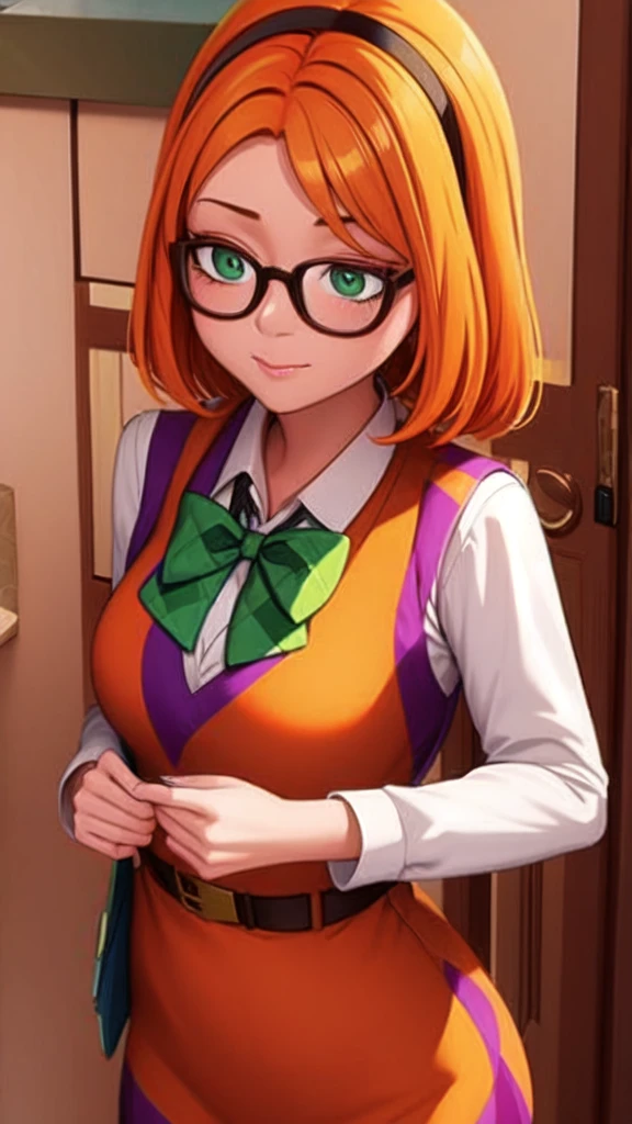 (masterpiece, best quality:1.2), 1girl, solo orange hair, thick-rimmed dark purple glasses. ,a white long-sleeved dress shirt underneath a dark and lime green, and cadet blue diamond checkered sweater vest, along with a black bow attached to her dress shirt collar.