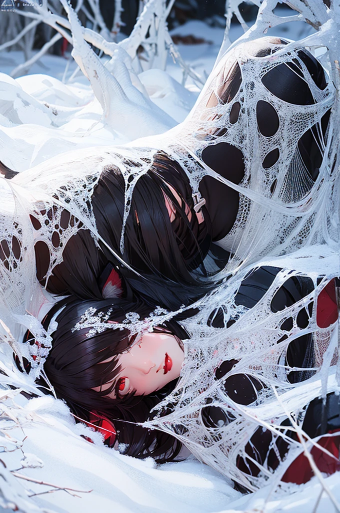 Detailed facial details,,1 girl,Red lips,Cat ear,Black long hair,Large Breasts,Slim,Mouth is tied,Wearing silk fabric,Charming red eye,Collar,Radiant Skin,Winter snow,Lying on the snow