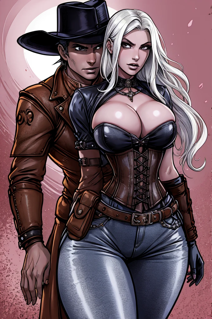 Butch Henchwoman, leather, corset, steampunk, cowboy shot, drown, grey skin, white hair