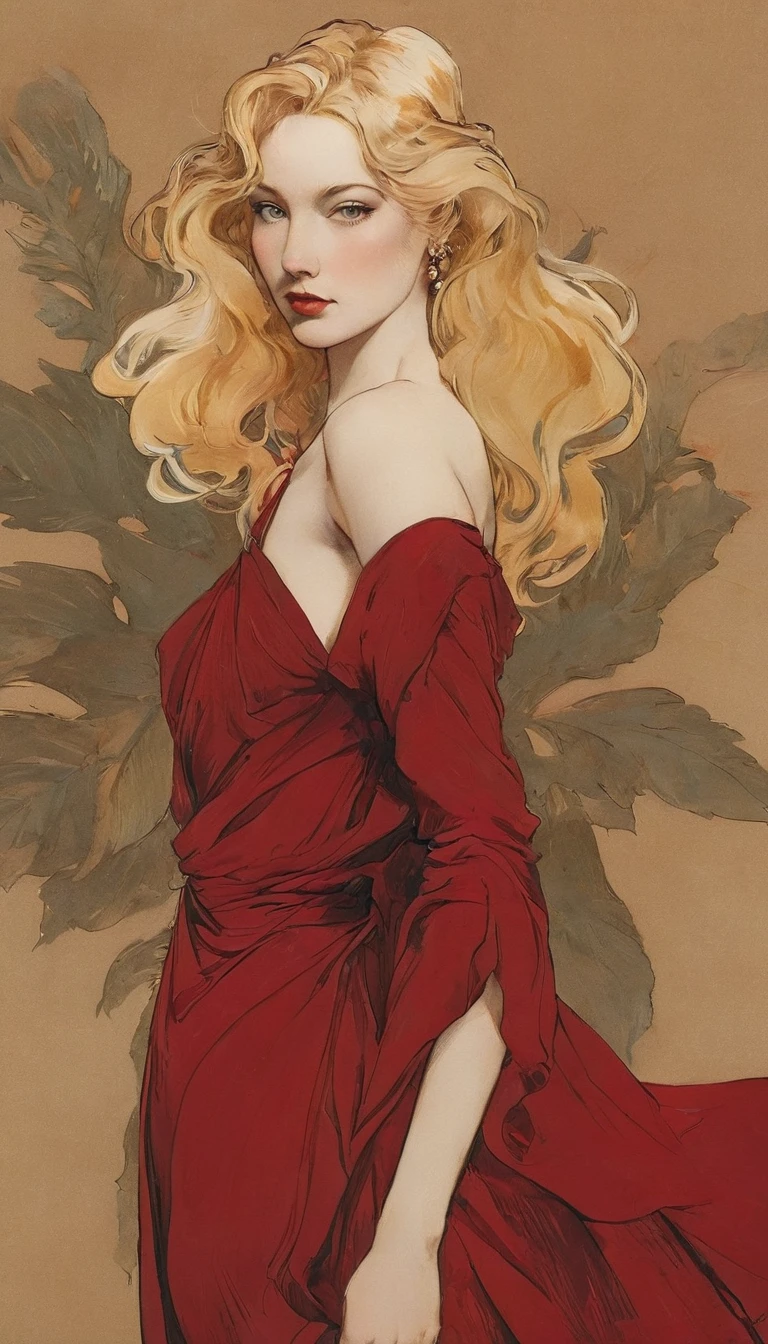 Sensual illustration of a graceful princess using chiaroscuro (((Blonde hair without bangs:1.4、Beautiful Eyes) , Vintage ,Silk dress, Matte Paint, John Singer Sargent, by Katsuya Terada、 Very soft color, Dark Vivid, Dark Red Pastel, Very detailed, Digital Art, High Contrast, dramatic, Sophisticated, tone, Intimate, Sensuality and romance、Masterpiece、Minimalist、