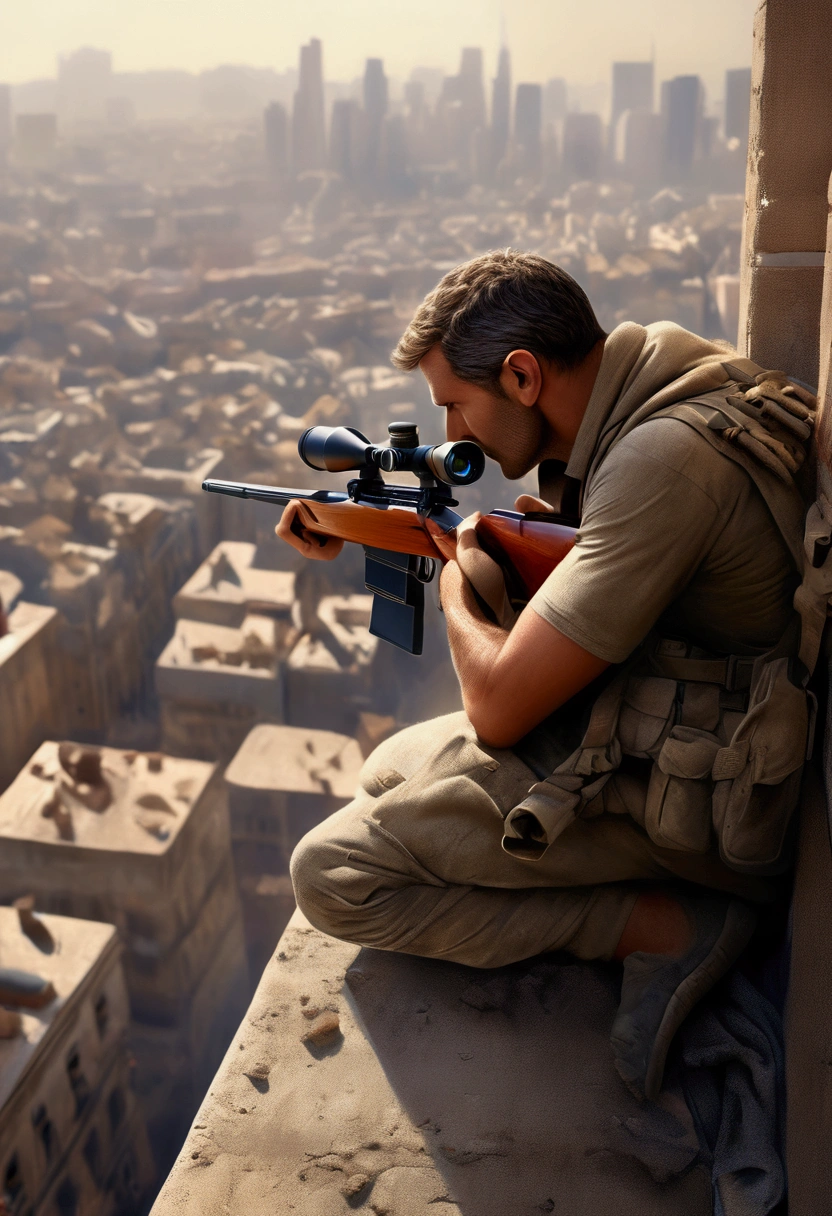 (Sniper), A legendary sniper is hiding in the jungle, his camouflage suit blending seamlessly with the surrounding environment. He stares at the sight, and a tense atmosphere permeates the air, full body, award-winning, cinematic still, emotional, vignette, dynamic, vivid, (masterpiece, best quality, Professional, perfect composition, very aesthetic, absurdres, ultra-detailed, intricate details:1.3)