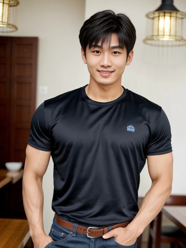 独奏: 1.5, (As a matter of fact, Masterpiece, 8k HD, good light quality, sportswear, fit the face, complicated details), A handsome Korean young man with muscular arms. , 20 years old, be happy, smile brightly, detailed face, delicate eyes, look at the sky, Wear a navy tight T-shirt.:1.6 , jeans period, black eyes, Black hair color, ผมsmooth, smooth，Surreal，Superb details，Highest quality，real，Open your mouth to talk. , Close your eyes., (Standing in a Thai restaurant, Burmese temple:1.1)