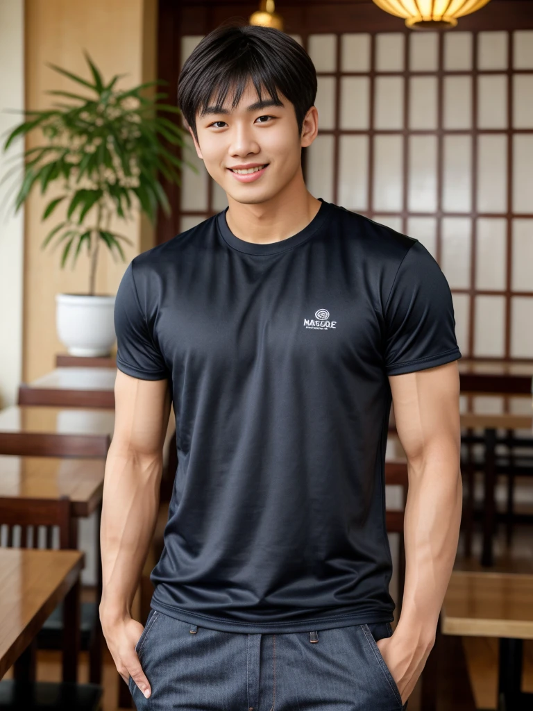 独奏: 1.5, (As a matter of fact, Masterpiece, 8k HD, good light quality, sportswear, fit the face, complicated details), A handsome Korean young man with muscular arms. , 20 years old, be happy, smile brightly, detailed face, delicate eyes, look at the sky, Wear a navy tight T-shirt.:1.6 , jeans period, black eyes, Black hair color, ผมsmooth, smooth，Surreal，Superb details，Highest quality，real，Open your mouth to talk. , Close your eyes., (Standing in a Thai restaurant, Burmese temple:1.1)