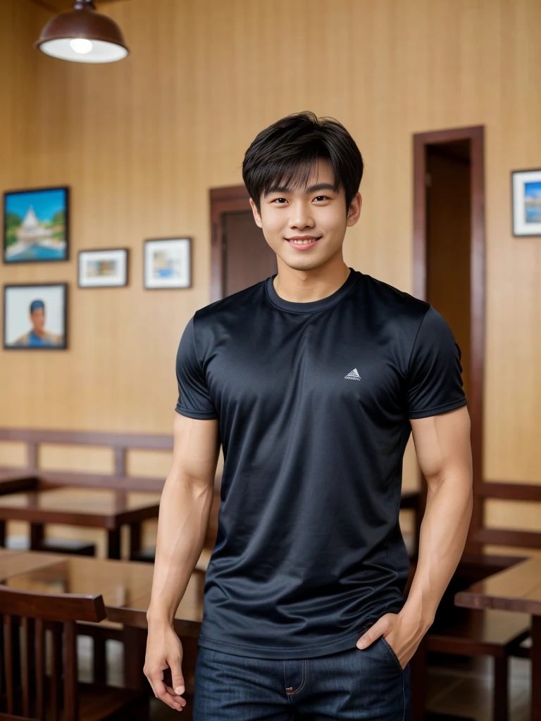 独奏: 1.5, (As a matter of fact, Masterpiece, 8k HD, good light quality, sportswear, fit the face, complicated details), A handsome Korean young man with muscular arms. , 20 years old, be happy, smile brightly, detailed face, delicate eyes, look at the sky, Wear a navy tight T-shirt.:1.6 , jeans period, black eyes, Black hair color, ผมsmooth, smooth，Surreal，Superb details，Highest quality，real，Open your mouth to talk. , Close your eyes., (Standing in a Thai restaurant, Burmese temple:1.1)