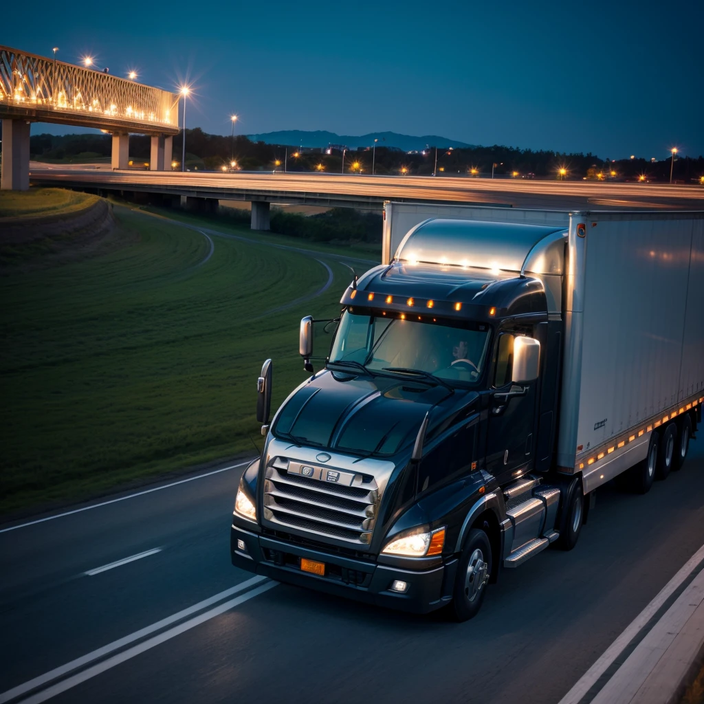 Beautiful woman driving truck on the highway at night