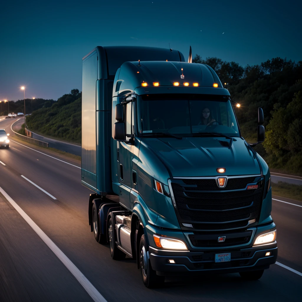 Beautiful woman driving truck on the highway at night