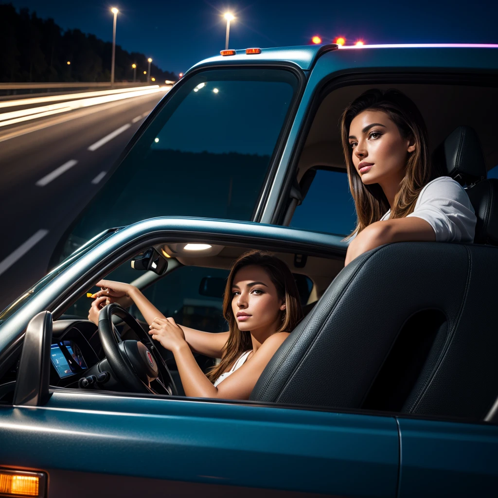 Beautiful woman driving truck on the highway at night 