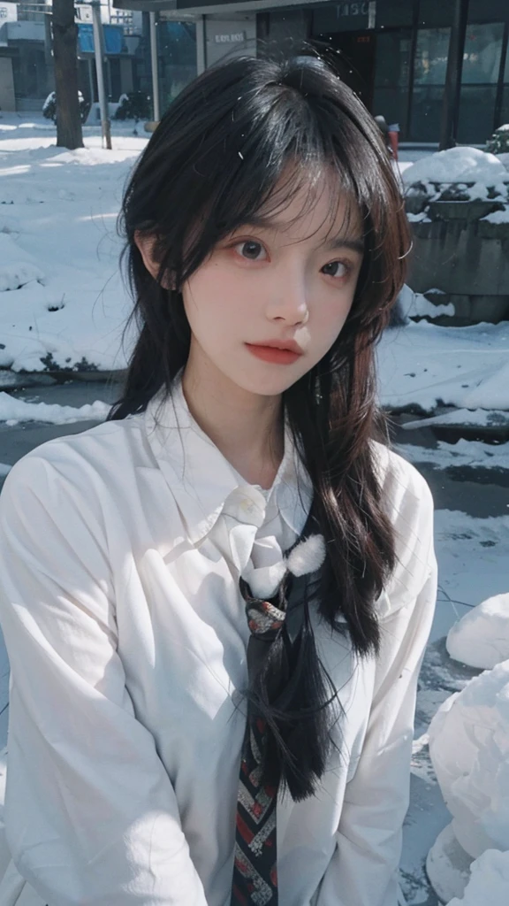 Best quality,masterpiece,Ultra-high resolution,snow,16K,Snow background,(Photo Realism:1.4),1 Girl,JK,Sexy,(Shirt and Tie:1.2),(Big breasts:1.3),(Upper body:1.4)