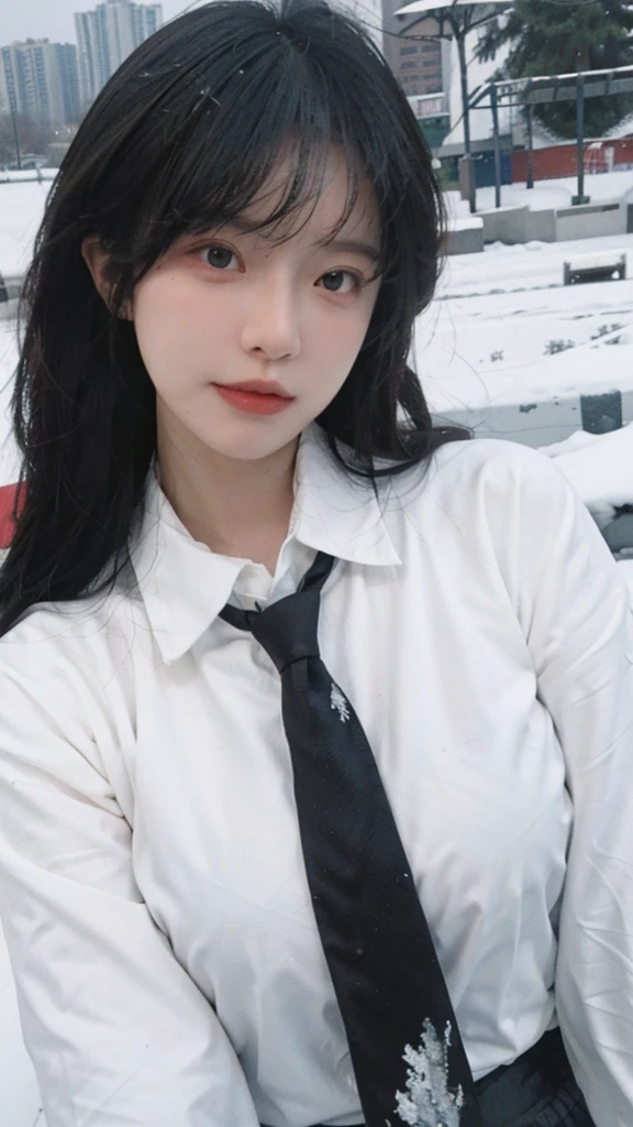 Best quality,masterpiece,Ultra-high resolution,snow,16K,Snow background,(Photo Realism:1.4),1 Girl,JK,Sexy,(Shirt and Tie:1.2),(Big breasts:1.3),(Upper body:1.4)