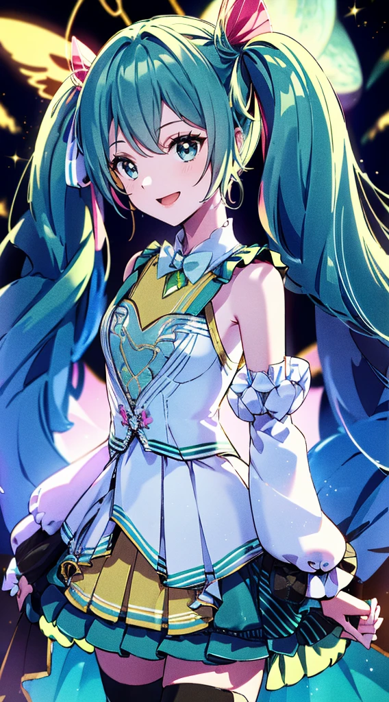 (fluorescence light green long hair:1.6,,),(twintails), (small breasts ),slender、hatsune_miku,Super Idol　beautiful girl,Cute Smile,Sky,Sexy outfit with sparkling bright yellow and white skin visible　mysterious　Fantasy　constellation　moon　Crystal Sparkle　Aurora in the night sky