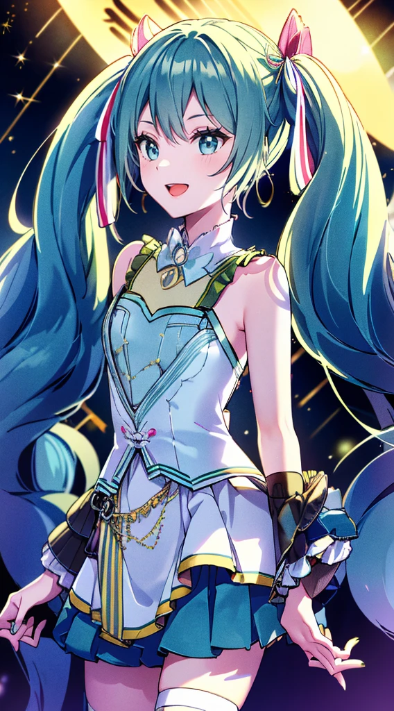 (fluorescence light green long hair:1.6,,),(twintails), (small breasts ),slender、hatsune_miku,Super Idol　beautiful girl,Cute Smile,Sky,Sexy outfit with sparkling bright yellow and white skin visible　mysterious　Fantasy　constellation　moon　Crystal Sparkle　Aurora in the night sky