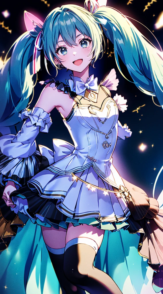 (fluorescence light green long hair:1.6,,),(twintails), (small breasts ),slender、hatsune_miku,Super Idol　beautiful girl,Cute Smile,Sky,Sexy outfit with sparkling bright yellow and white skin visible　mysterious　Fantasy　constellation　moon　Crystal Sparkle　Aurora in the night sky