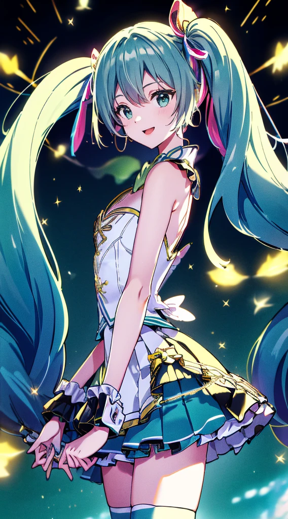 (fluorescence light green long hair:1.6,,),(twintails), (small breasts ),slender、hatsune_miku,Super Idol　beautiful girl,Cute Smile,Sky,Sexy outfit with sparkling bright yellow and white skin visible　mysterious　Fantasy　constellation　moon　Crystal Sparkle　Aurora in the night sky