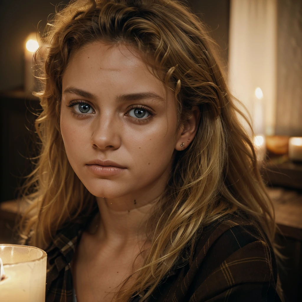 photograph of a woman, (troubled facial expression), textured skin, goosebumps, blonde afro hair, plaid flannel shirt. hidden wonders, perfect eyes, (candlelight,chiaroscuro), Porta 160 color, shot on ARRI ALEXA 65, bokeh, sharp focus on subject, shot by Don McCullin