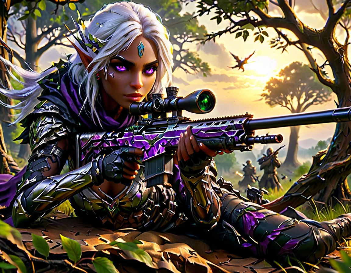 a portrait picture of a 1single female drow elf sniper, lying on a tree branch aiming a sniper rifle, an exotic beautiful elf sniper, white hair, braided hair, (black skin: 1.3),  intense purple eyes, ultra detailed face, small pointed ears, forest green camouflage cloths, on top of a epic fantasy tree, aiming a Barret M82, fantasy fores background, its sunset, sun rays, some clouds,  (full body shot: 1.1) , vibrant, Ultra-high resolution, High Contrast, (masterpiece:1.5), highest quality, Best aesthetics), best details, best quality, highres, ultra wide angle, 16k, [ultra detailed], masterpiece, best quality, (extremely detailed) Sniper Rifle, Intense gaze
