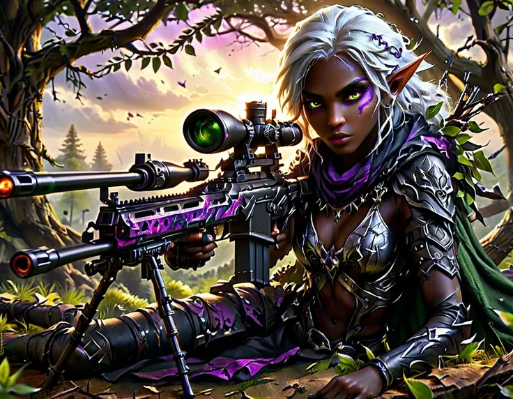 a portrait picture of a 1single female drow elf sniper, lying on a tree branch aiming a sniper rifle, an exotic beautiful elf sn...