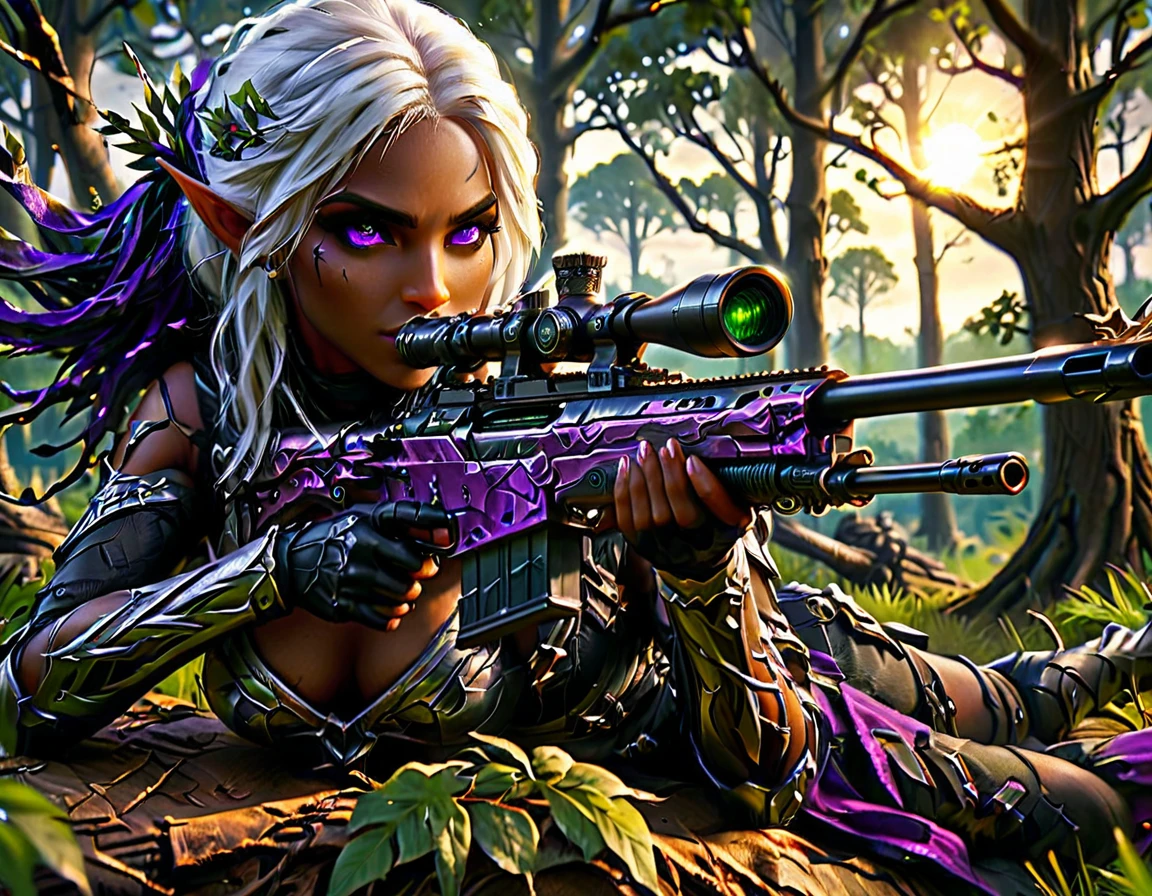 a portrait picture of a 1single female drow elf sniper, lying on a tree branch aiming a sniper rifle, an exotic beautiful elf sniper, white hair, braided hair, (black skin: 1.3),  intense purple eyes, ultra detailed face, small pointed ears, forest green camouflage cloths, on top of a epic fantasy tree, aiming a Barret M82, fantasy fores background, its sunset, sun rays, some clouds,  (full body shot: 1.1) , vibrant, Ultra-high resolution, High Contrast, (masterpiece:1.5), highest quality, Best aesthetics), best details, best quality, highres, ultra wide angle, 16k, [ultra detailed], masterpiece, best quality, (extremely detailed) Sniper Rifle, Intense gaze
