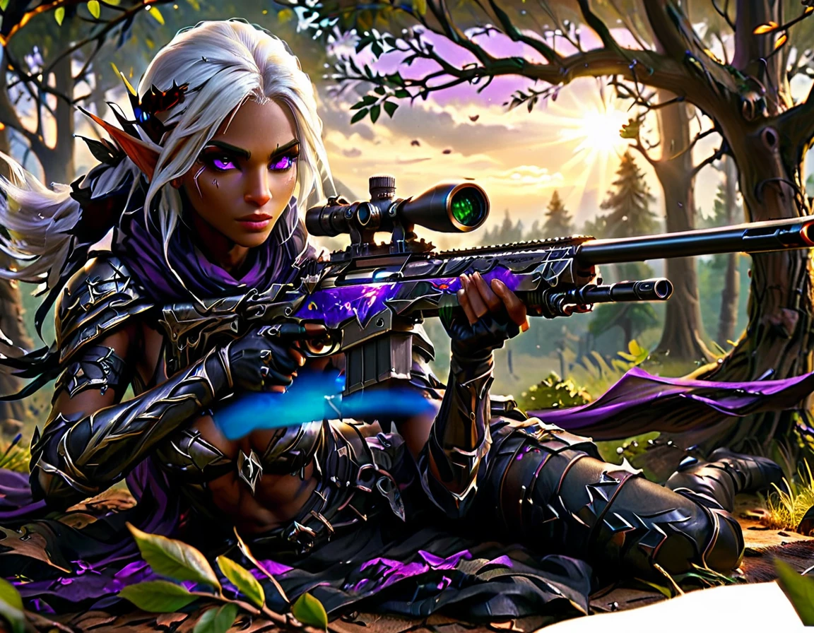 a portrait picture of a 1single female drow elf sniper, lying on a tree branch aiming a sniper rifle, an exotic beautiful elf sniper, white hair, braided hair, (black skin: 1.3),  intense purple eyes, ultra detailed face, small pointed ears, forest green camouflage cloths, on top of a epic fantasy tree, aiming a Barret M82, fantasy fores background, its sunset, sun rays, some clouds,  (full body shot: 1.1) , vibrant, Ultra-high resolution, High Contrast, (masterpiece:1.5), highest quality, Best aesthetics), best details, best quality, highres, ultra wide angle, 16k, [ultra detailed], masterpiece, best quality, (extremely detailed) Sniper Rifle, Intense gaze
