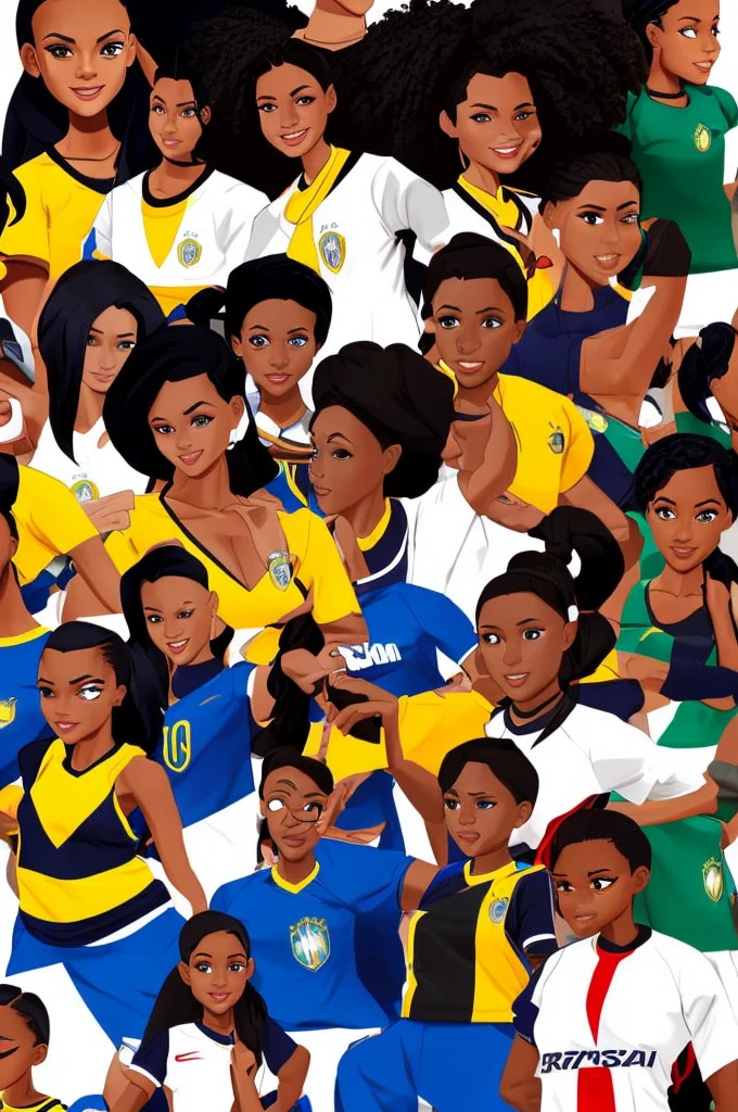 create me a black female character, , no artistic cartoon style, wearing normal clothes and a Brazilian team shirt, with a white background behind