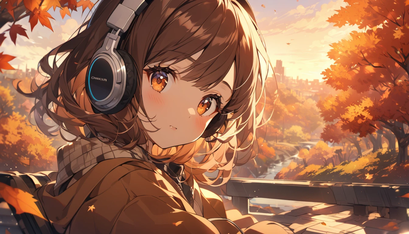 Girl wearing headphones,Brown Hair,1 person,bright,Detailed Background,「Autumn evening」 - Spending time with the autumn scenery