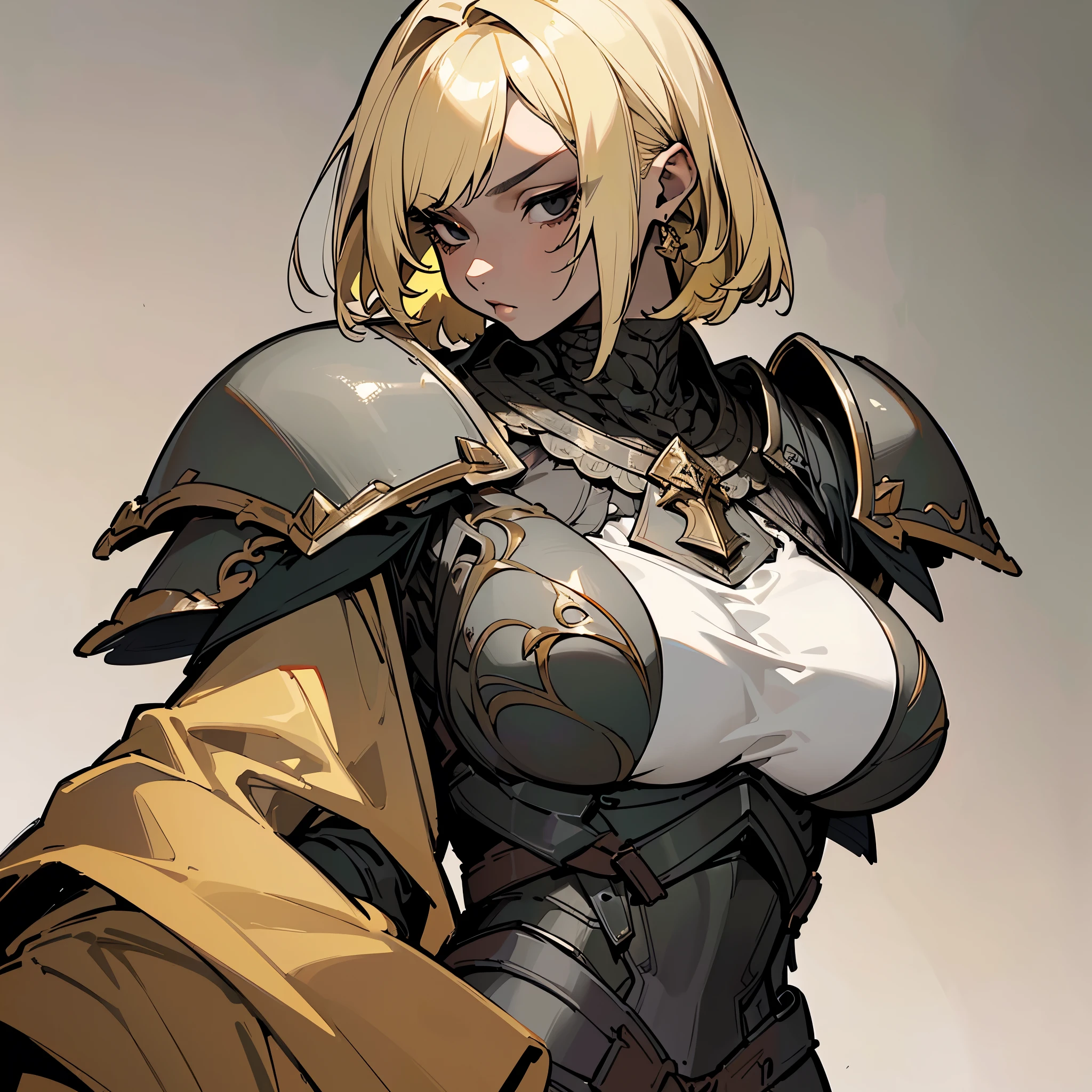(top quality, masterpiece) 1 woman, adult, ((light-skinned woman, blond bob hair, hair hangs over ears)) black eyes, huge breasts ((black armor, knight style, dark iron details)) (tavern background) (serious look)