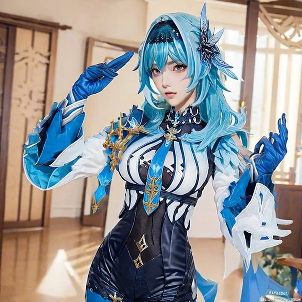 Beauty of a goddess, slim, beautiful woman, 1girl, solo, (masterpiece:1.2), best quality, eula, genshin, ultra high detailed, 8K resolution, ((holding phone to cover face)), eula from genshin impact, indoor, in a room, blue hair, hair ornaments, (((eula cosplay outfit)))