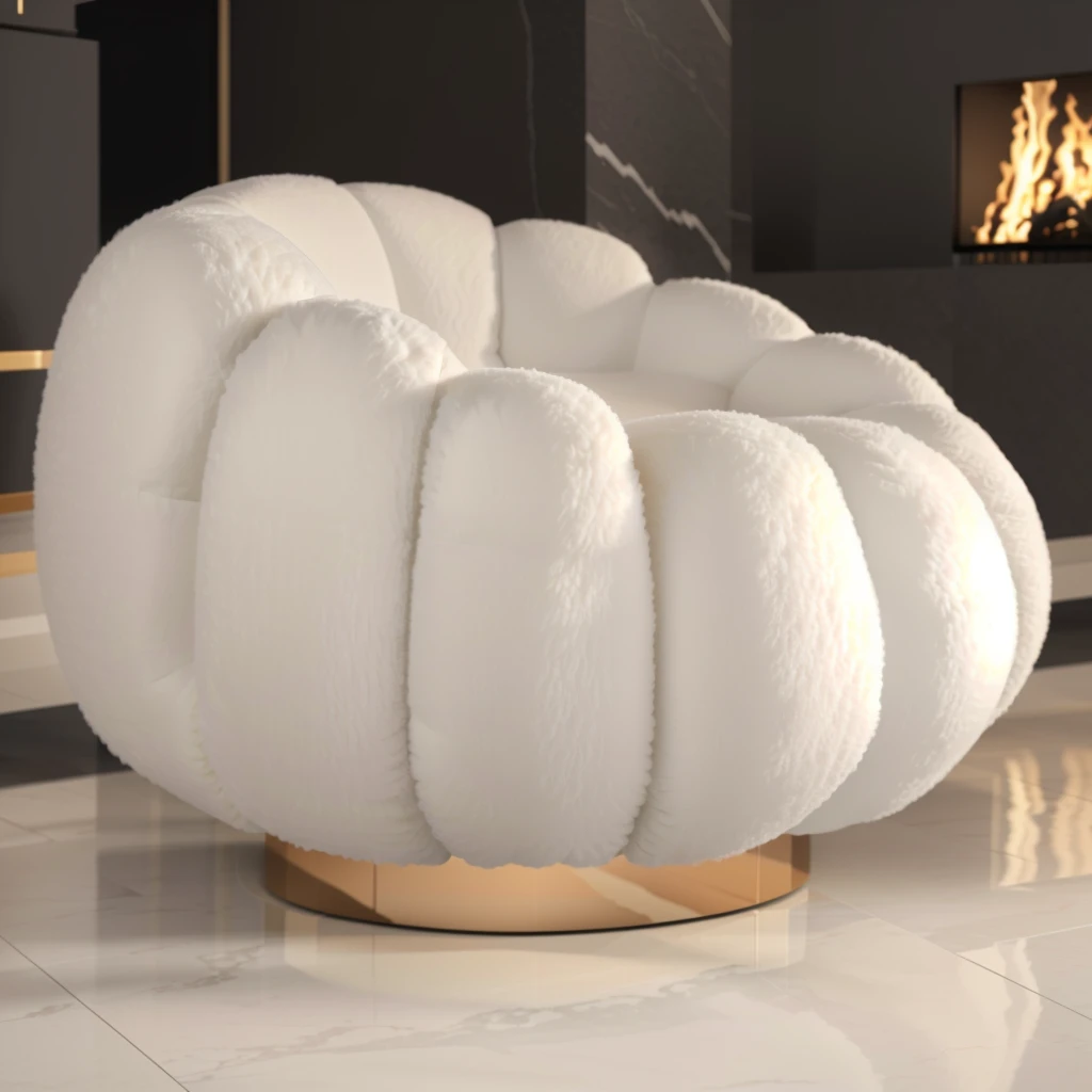 a close up of a white chair on a marble floor, sheep wool product material, product render, luxury furniture, realistic rendering, inspired by André François, designer furniture, 3 d product render, inspired by Jean-Michel Atlan, inspired by Antonio Rotta, extremely detailed furnitures, with 3 d render, inspired by david rubín