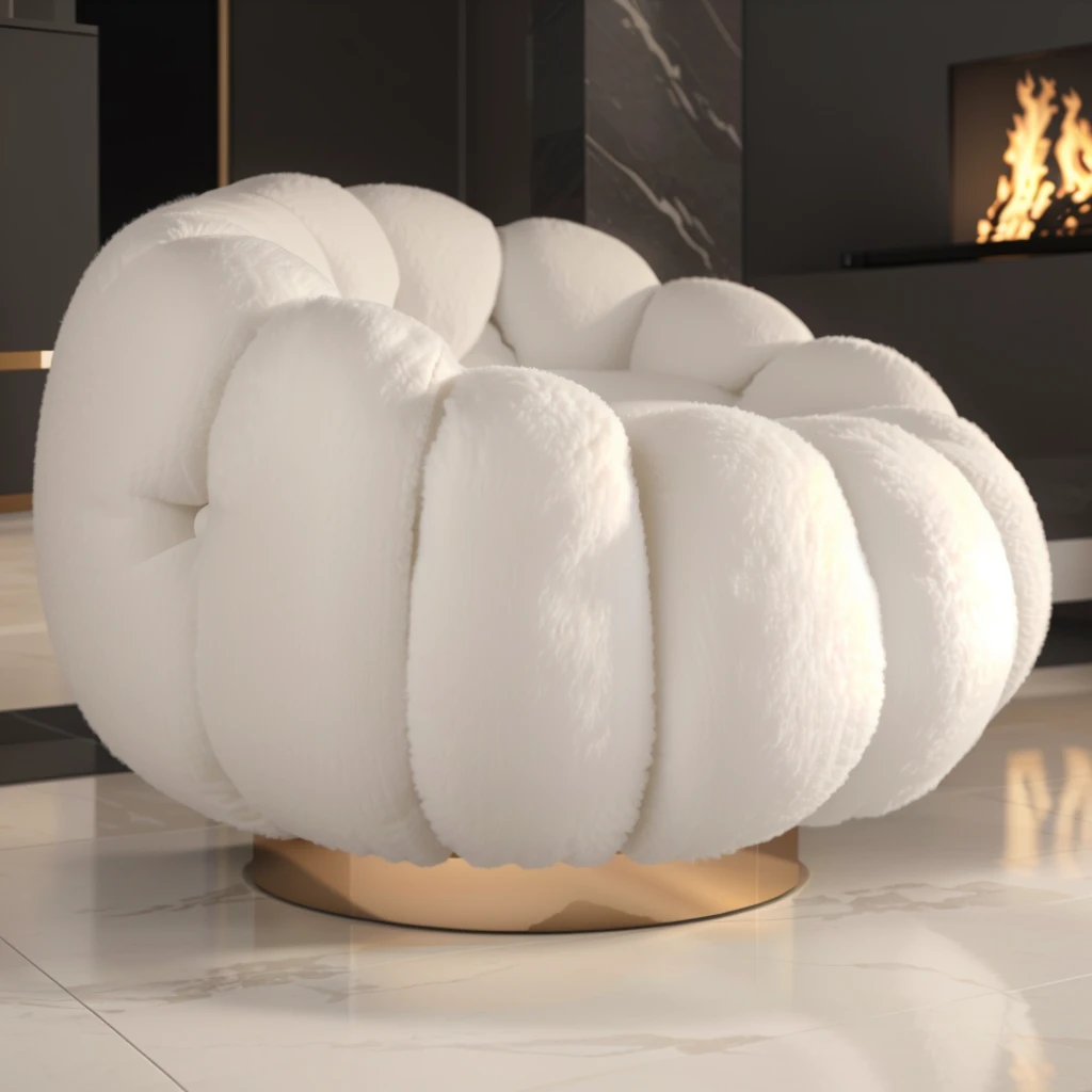a close up of a white chair on a marble floor, sheep wool product material, product render, luxury furniture, realistic rendering, inspired by André François, designer furniture, 3 d product render, inspired by Jean-Michel Atlan, inspired by Antonio Rotta, extremely detailed furnitures, with 3 d render, inspired by david rubín