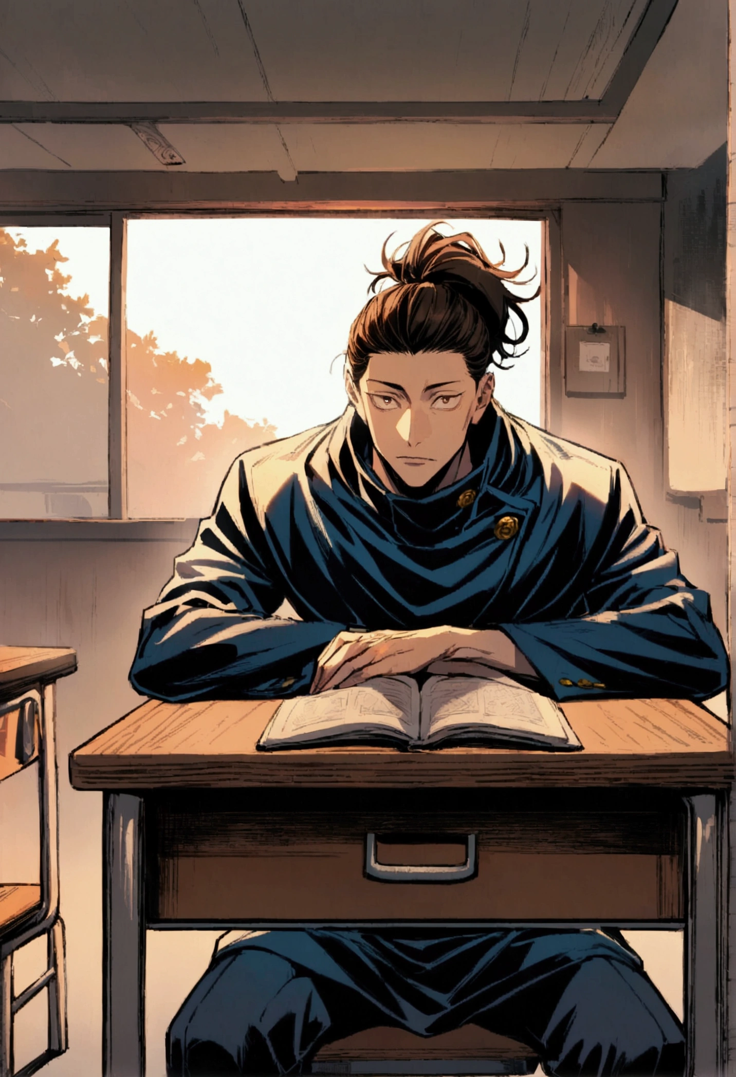 (1 guy,jujutsu kaisen), young looking man, very curly dark brown hair with a long ponytail in the back barely visible from the right side of his head, sitting in a desk and infront of a desk, facing viewer, artwork