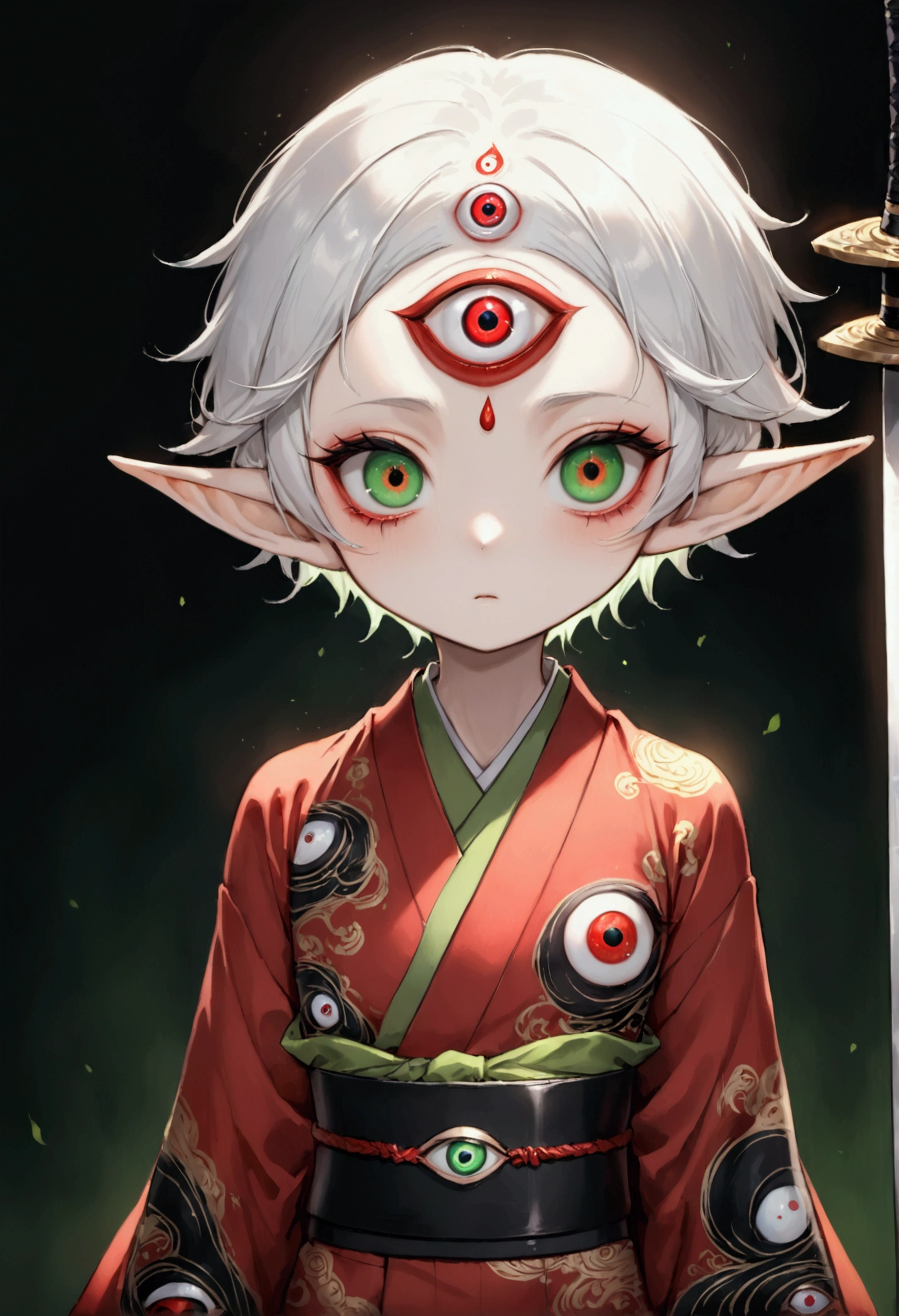 Japanese Anime,Second Dimension,Horror style,Three-eyed family,horror character,(((Three-eyed boy,Vertical Eye,Realistic eyes,Dark eyeshadow.Middle-parted white hair-super short hair,Elf ears,Dragon Horn))),(((Gorgeous Japanese red kimono,Eye pattern,Dark Pattern))).(((Thin waist,Green belt:1.6))).(((Samurai sword))),Black background blur