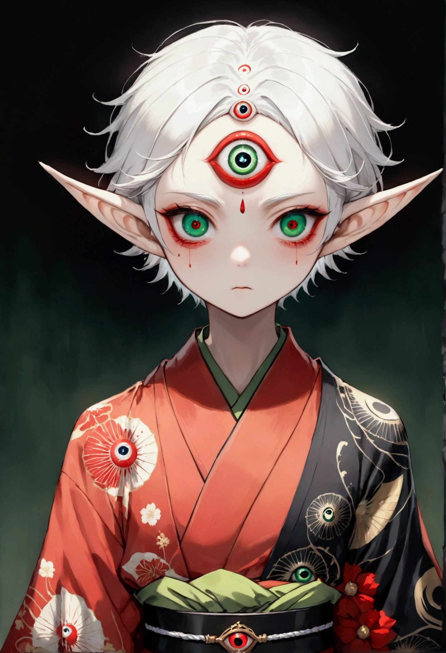 (((1 Boy,独奏,third eye on the forehead,Dark eyeshadow.Middle-parted white hair-super short hair,Elf ears))),(((Gorgeous Japanese red kimono:1.6,Eye Diagram,Dark Pattern))).(((Thin waist,Greenbelt:1.37)))