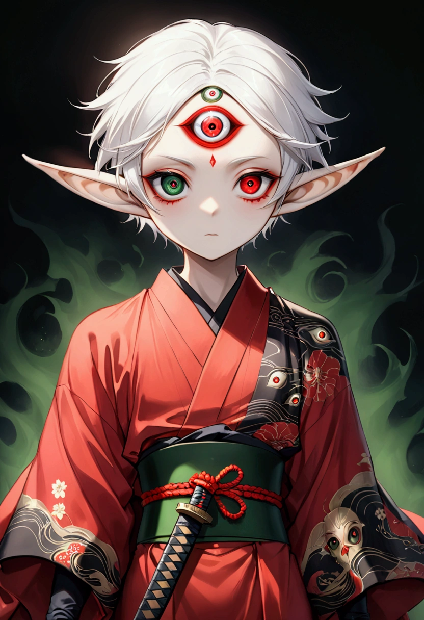 Japanese Anime，Second Dimension，Horror style，horror character，(((Three-eyed boy，third eye on the forehead:1.1.Dark eyeshadow，White short hair，Elf ears))),(((Gorgeous Japanese red kimono，Eye pattern，Dark Pattern))).(((Thin waist，Green belt：1.6))).(((Samurai sword)))，Black background blur
