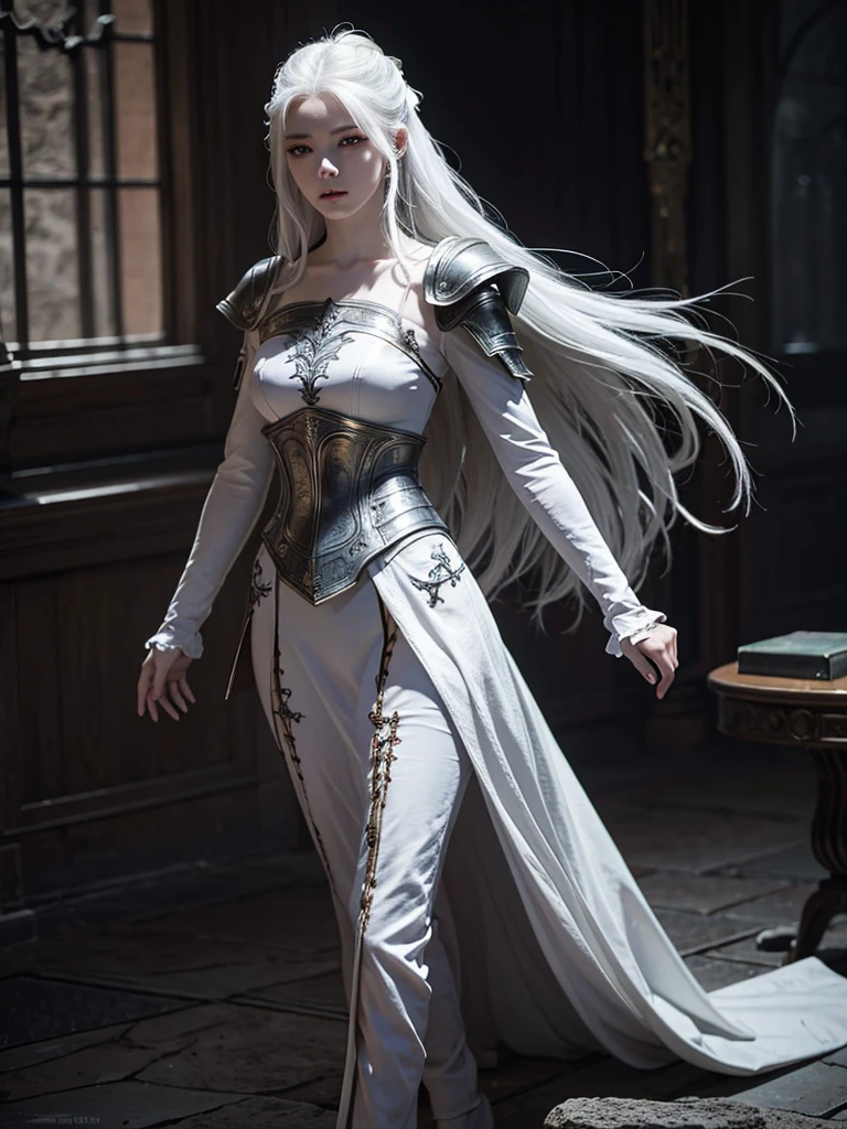  girl with white hair, porcelain white leather, slightly ashy straight hair,Red eyes, kind look, dark fantasy character design, in armor, epic exquisite character art, dark fantasy art, full review, amazing character art. dressed as an adventurer, elegant clothes.a high resolution, Red eyes, Slim and thin hourglass figure. From head to toe
.