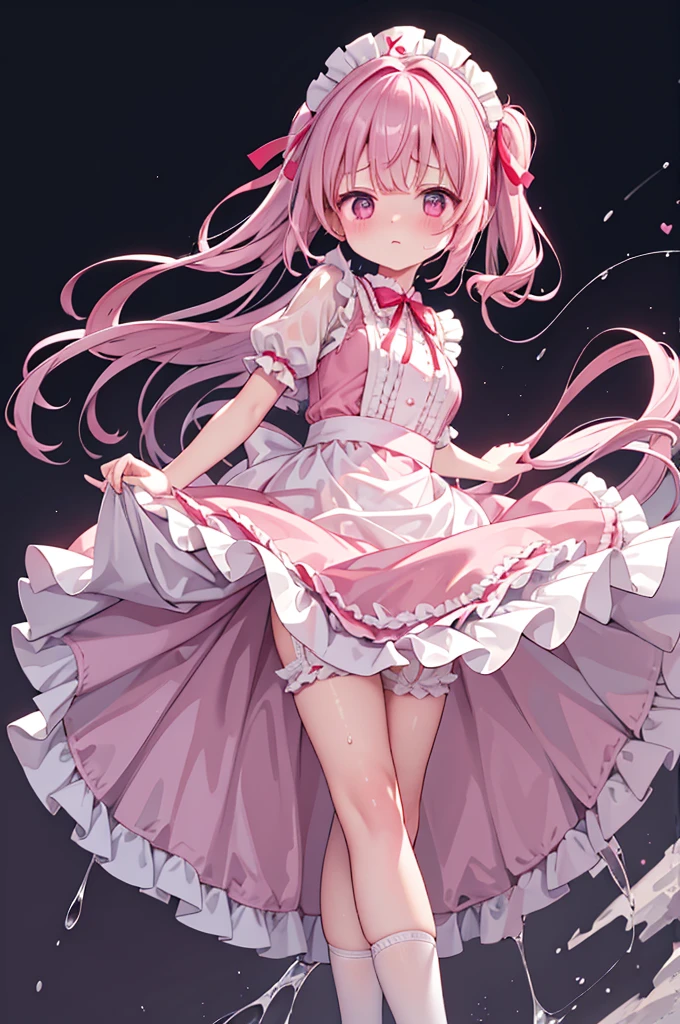 Highest quality、Shiny silk short sleeve puff sleeve pink maid outfit、See-through、Very short skirt、Fluffy red ribbon、A short white ruffled apron、White garter belt with ribbon、Pink high heels with ribbon、Large headband with ribbon、Flushed Cheeks、Embarrassed look、Soaking wet、Strong winds、Overreaching、Facing forward、Looking up from below