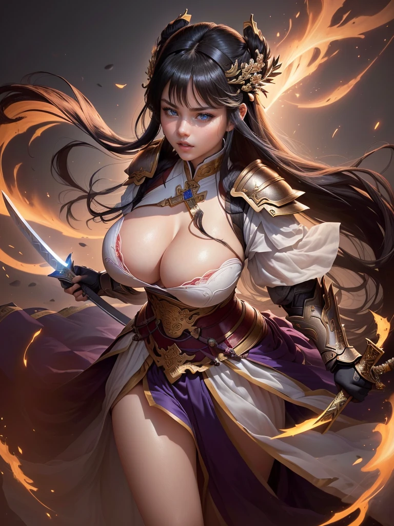 a close up of a woman in armor holding a sword, inspired by Ju Lian, inspired by Li Mei-shu, yun ling, g liulian art style, by Yang J, bian lian, xianxia hero, inspired by Pu Hua, inspired by Guo Chun, by Qu Leilei, yang qi, inspired by Lan Ying, inspired by Li Tang,  Saggy breasts, Gravity-dependent breasts, long chest, Heavy chest, disproportionate breasts, huge breasts, sagging breasts, gigantic breasts, angry, shout, open your mouth wide, open your eyes wide, 