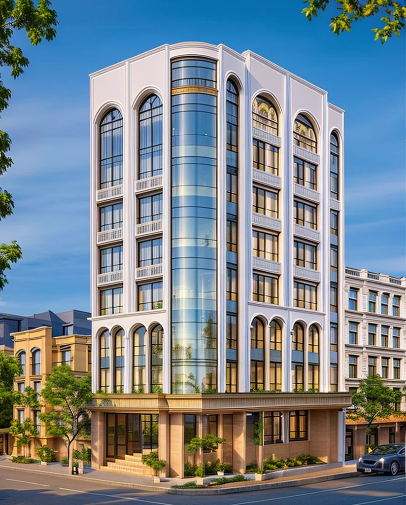 (masterpiece, best quality:1.2)  white Neoclassic building, (curved window), plants on company, building, exterior, architecture design, building in street