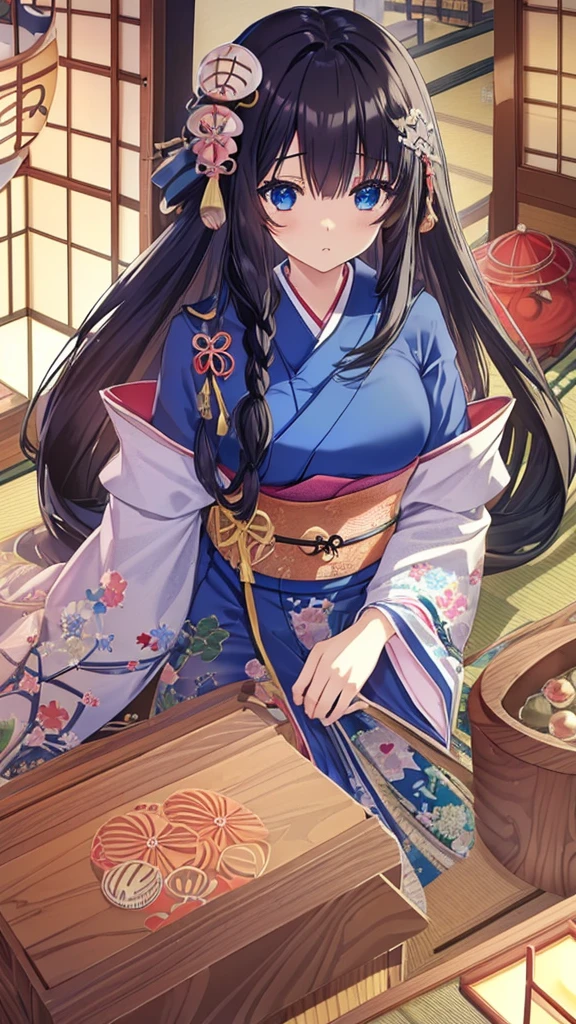 best quality, extremely detailed,anime style girl,long hair down to the waist, straight hair, ((dark black hair with bluish)),braid,beautiful detailed eyes, pinched eyes, (dark blue eyes),huge breasts,curvy,kimono,clothing with complex patterns,hair ornament,((((Japanese room)))),cool expression,dynamic angle