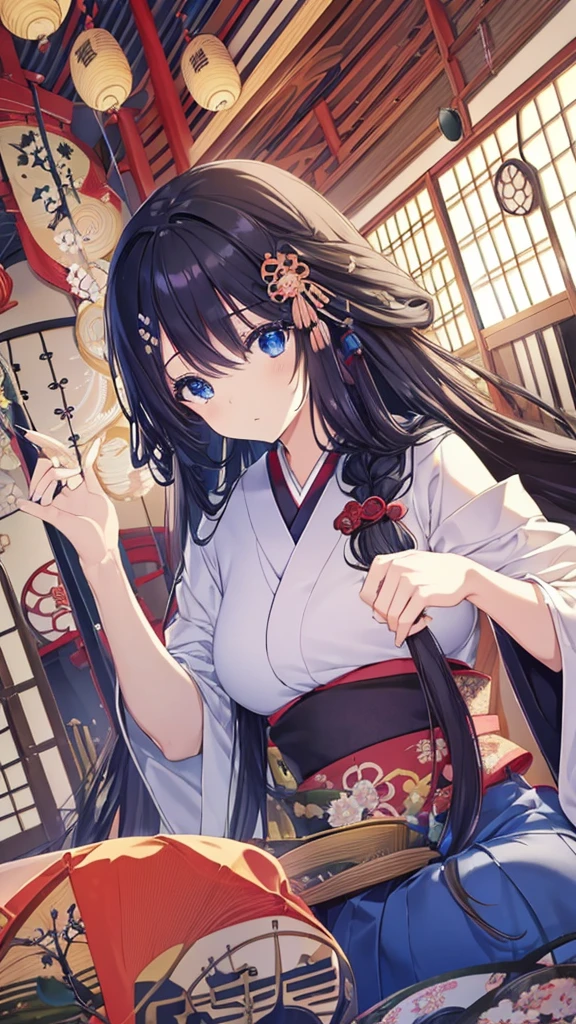 best quality, extremely detailed,anime style girl,long hair down to the waist, straight hair, ((dark black hair with bluish)),braid,beautiful detailed eyes, pinched eyes, (dark blue eyes),huge breasts,curvy,kimono,clothing with complex patterns,hair ornament,((((Japanese room)))),cool expression,dynamic angle