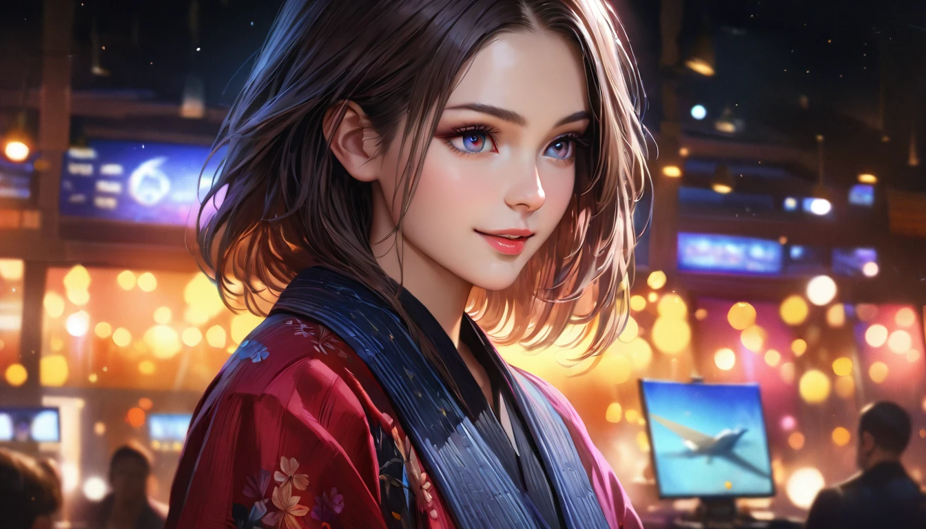 a beautiful girl wearing a yukata standing under the night sky looking at the stars, smiling with a sparkling effect, 1girl, detailed face, beautiful eyes, detailed lips, long eyelashes, medium: digital painting, vibrant colors, cinematic lighting, dreamlike, photorealistic, 8k, best quality, masterpiece:1.2, ultra-detailed, realistic:1.37, HDR, UHD, studio lighting, ultra-fine painting, sharp focus, physically-based rendering, extreme detail description, professional, vivid colors, bokeh