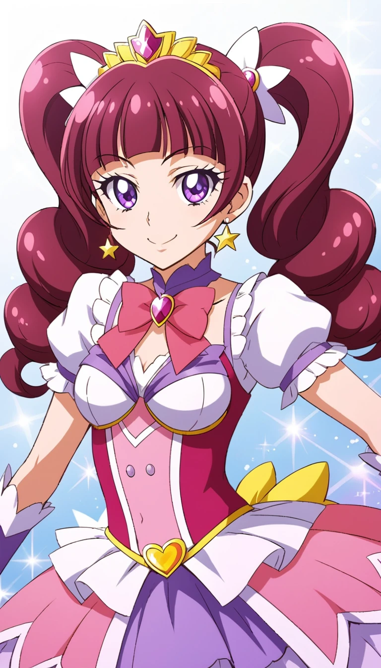 official style, cure twinkle, amanogawa kirara, go! princess precure, very aesthetic, best quality, intricate, overall detail, 1 girl, purple eyes, magical girl, battle costume, standing, light smile, simple background, facing the front, straight-on, cowboy shot, face focus, intricate, hyper-detailed, 100-layer, amazing quality, excellent, {{{{ultra-high resolution}}}}, {{{hi-vision anime}}},