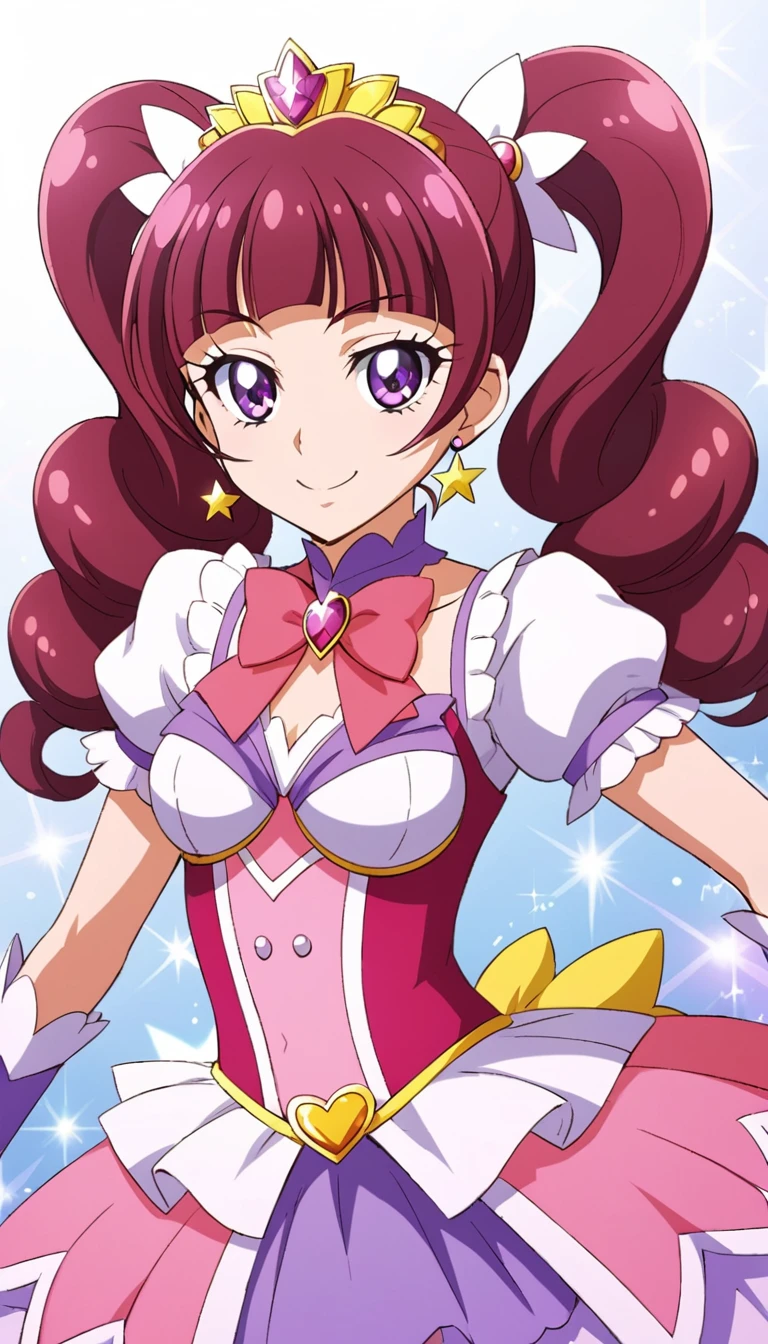 official style, cure twinkle, amanogawa kirara, go! princess precure, very aesthetic, best quality, intricate, overall detail, 1 girl, purple eyes, magical girl, battle costume, standing, light smile, simple background, facing the front, straight-on, cowboy shot, face focus, intricate, hyper-detailed, 100-layer, amazing quality, excellent, {{{{ultra-high resolution}}}}, {{{hi-vision anime}}},