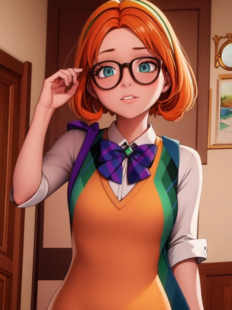 (masterpiece, best quality:1.2), 1girl, solo orange hair, thick-rimmed dark purple glasses. ,a white long-sleeved dress shirt underneath a dark and lime green, and cadet blue diamond checkered sweater vest, along with a black bow attached to her dress shirt collar.