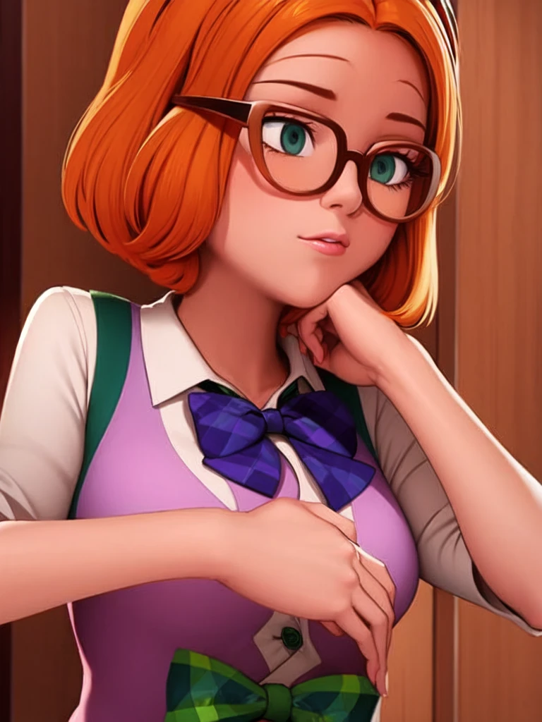 (masterpiece, best quality:1.2), 1girl, solo orange hair, thick-rimmed dark purple glasses. ,a white long-sleeved dress shirt underneath a dark and lime green, and cadet blue diamond checkered sweater vest, along with a black bow attached to her dress shirt collar.