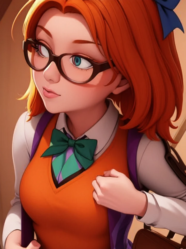 (masterpiece, best quality:1.2), 1girl, solo orange hair, thick-rimmed dark purple glasses. ,a white long-sleeved dress shirt underneath a dark and lime green, and cadet blue diamond checkered sweater vest, along with a black bow attached to her dress shirt collar.