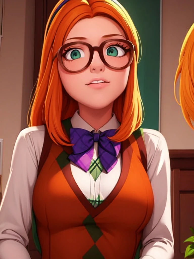 (masterpiece, best quality:1.2), 1girl, solo orange hair, thick-rimmed dark purple glasses. ,a white long-sleeved dress shirt underneath a dark and lime green, and cadet blue diamond checkered sweater vest, along with a black bow attached to her dress shirt collar.