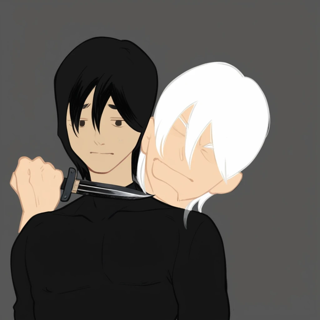 A man with short hair stood still when another man with long hair covering his shoulders stood behind him and held a knife to his neck.