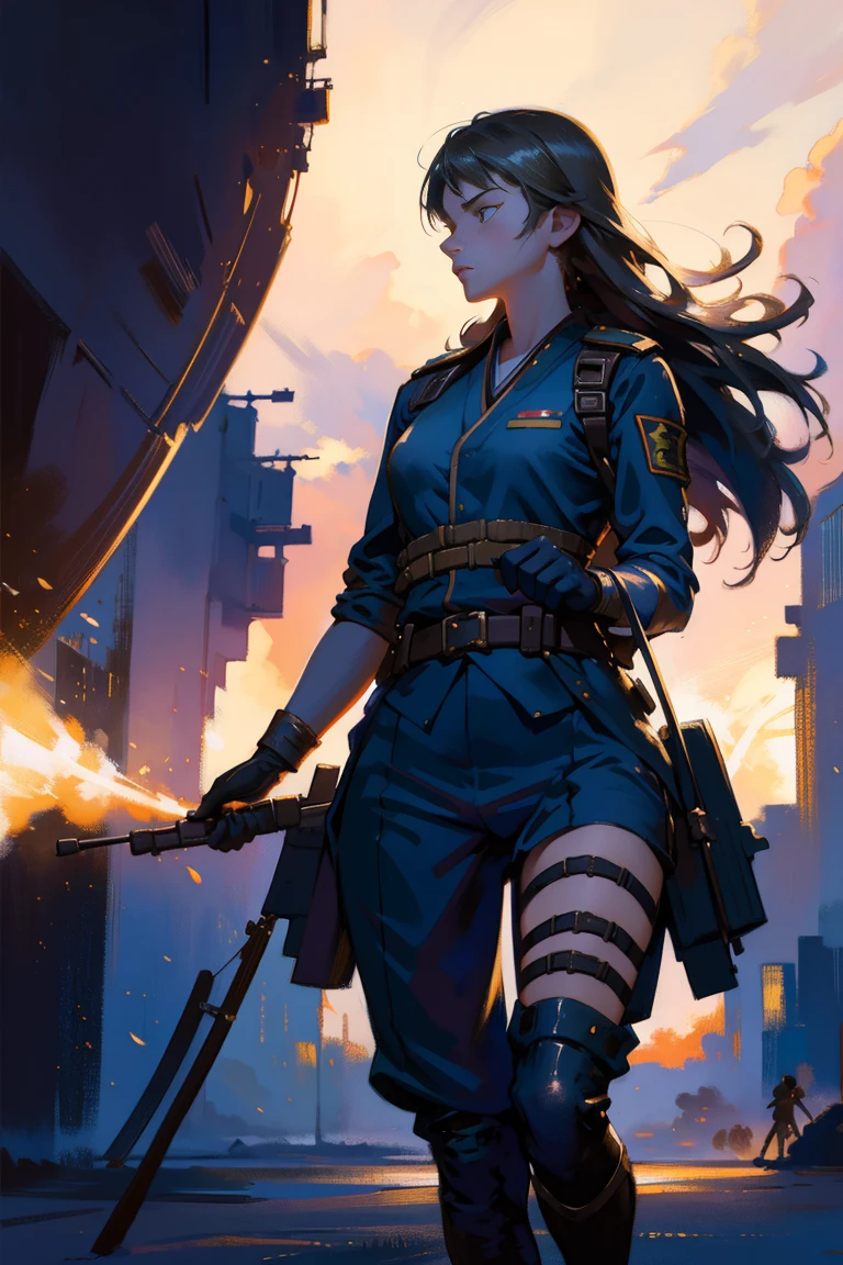 detailed full body portrait，(A girl with a determined look), (flying soldier)、(mandy jurgens) A realistic painting was created, transformation, Figurative art, Detailed Description, Realistically, Artwork, Contour，  Colorful Noise, Visual clutter,Modern aesthetics、Japanese Style、Military airport、Wearing military uniform、In 1945