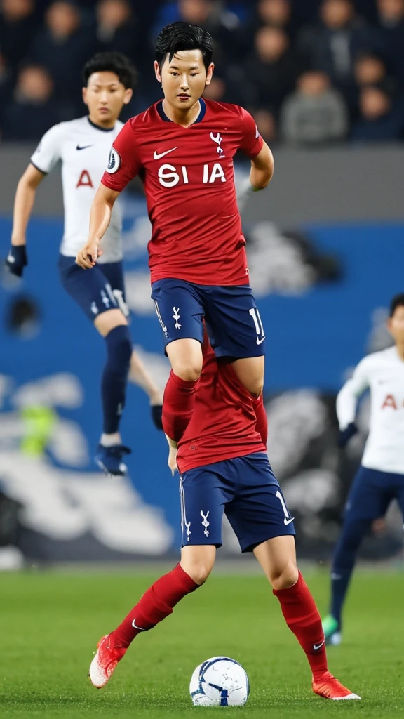 {{{Tottenham Hotspur Logo}}}, {{{The name of the uniform sponsor is AIA in red.}}}, night, light, {{white nike soccer jersey}}, {{{best quality}}}, {{{realistic}}}, Detailed facial description, realistic 눈동자, Handsome man, realistic 유니폼 주름, {{{Son Heung-min}}}, soccer field